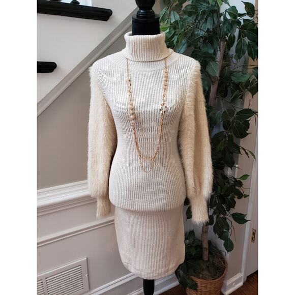 Bump Biddy Sweater Dress Maternity Beige Ribbed Puffy Fur Sleeve Turtleneck LG - Picture 13 of 14